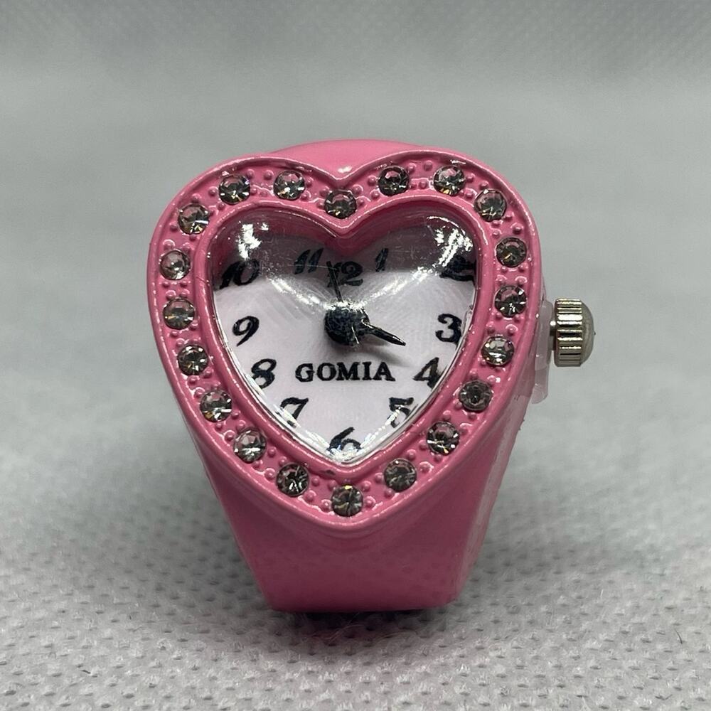 Retro Pink Enameled Stainless Steel Stretch Band Ring Watch With Rhinestones